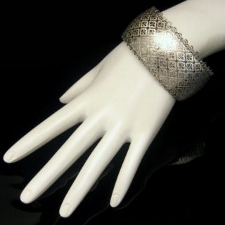  MARSELLA Vintage Mesh Cuff Bracelet Wide Silvertone RARE Fleur de Lis