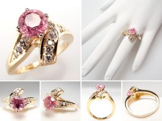 Pink Tourmaline & Diamond Engagement Ring Solid 14K Gold Fine Estate