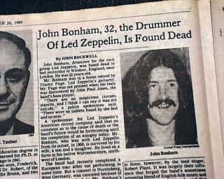 John Bonham LED Zeppelin Drummer Death 1st Report 1980 New York Times
