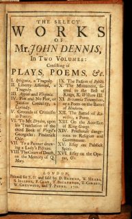 1721 2vols Works of John Dennis Plays Poetry