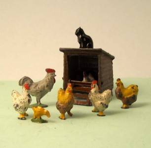 Vintage Lead Farm CAT amongst CHICKENS HENS COOP by Britains Taylor Barrett  