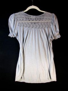 ELLA MOSS Anthropologie Gray Lace Top Super Soft Ruched Sleeve Knit Shirt sz S  