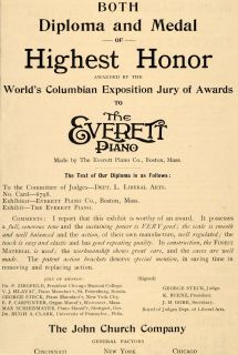 1893 Ad John Church Everett Piano Musical Instruments Columbian Exposition Award  