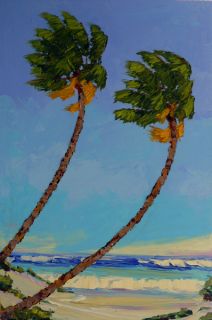 Two Palms Original Seascape Ocean Painting Florida Art Highwaymen Style Trees  