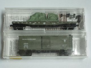 Lot of 2 N Scale Micro Train Army Box Flat Cars 45180 20456  
