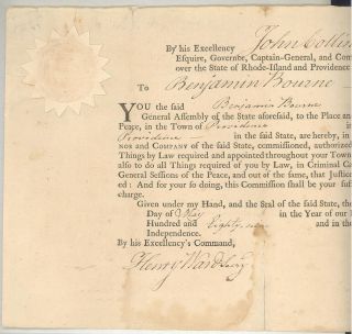 Original 1789 Rhode Island Appointment Signed by Governor John Collins  