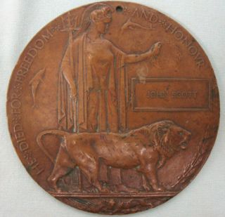 WW1 British Brass 'Death Plaque Penny' Medal to John Scott  