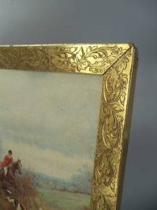 Antique Embossed Brass Picture Frame w Sanderson Wells Lady Hunting w Dogs Print  