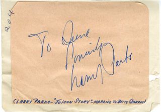 Larry Parks Signed Autograph Book Page Jolson Story  