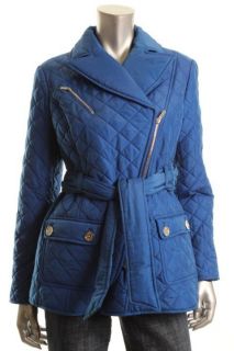 Jones New York New Blue Quilted Asymmetrical Zip Front Belted Coat Petites PM  