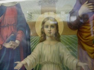 Wood Framed Religious Print Child Jesus w Mary Joseph Rope w Wire Hanger  