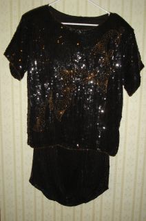 Sz M Joseph Lebon 2pc $160 Blk GLD Sequin Skirt Dress  