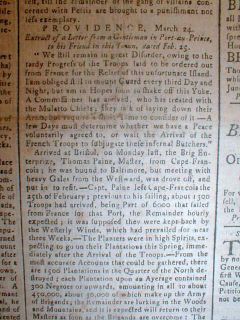 1792 Rhode Island Newspaper Providence Gazette Slave Revolution in Haiti Begins  