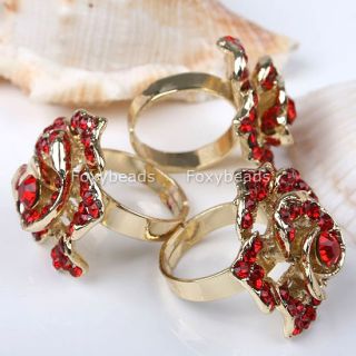 1P Golden Red Crystal Rose Cocktail Adjustable Ring 6 Rhinestone Gift  