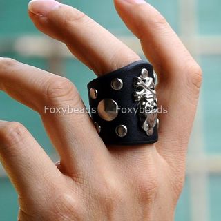 Men Women Punk Silvery Skull Pirate Rivet Stud Black Leather Ring Rock Gothic  