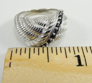 Judith Ripka Sterling Silver Sapphire Ring Ribbed Cross Over Domed Size 7  