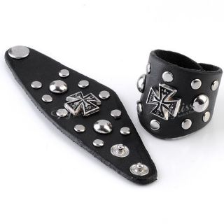 1PC Black Cowhide Leather Cross Adjustable Button Finger Ring Rock Gothic Punk  