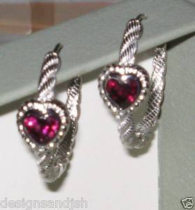 Judith Ripka Sterling Silver Rhodolite Heart Textured Hoop Earrings New  
