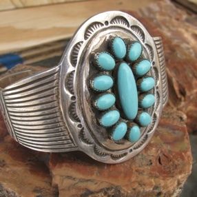 Navajo Emerson Kensal Heavy Turquoise Cluster Bracelet Sterling Silver