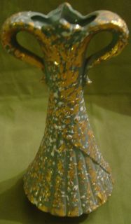Vintage Art Deco Vase Hand Painted Green Gold White Textured Ceramic