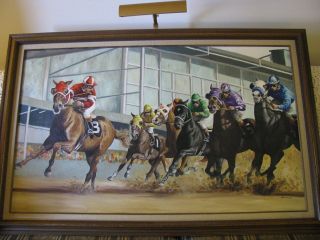 Horse Racing Fixing to Win Orig Acrylic Painting Canvas Framed Denise