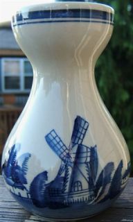 Vintage Blue White Windmill Ships Ocean Pottery Vase