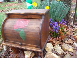 Bread Box Wood Kitchen Roll Red Rose Flower Signed 1981