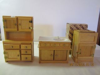 Dollhouse Miniature Wood Kitchen Furniture Cabinet, Icebox & Sink New