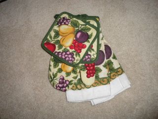 5pc Kitchen Fruit Apple Pears Plum Cheeries Pot Holder Towels Set
