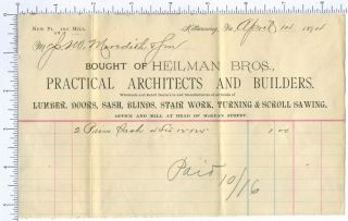 Bros Architect Builder Kittanning PA 1894 Billhead Carpenter