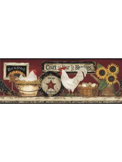 Roosters Chickens Kitchen Wallpaper Border Deep Red Backgrd CB5538BD