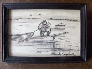Original Robert Mayokok Signed INUIT HUNTING SEAL Ink pen Drawing