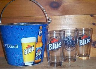 Labatt Blue 3 Beer Pint Glasses Ice Bucket New