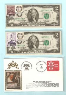 Two Consecutive 1976 $2 Stamped Notes Envelope Pope John Paul