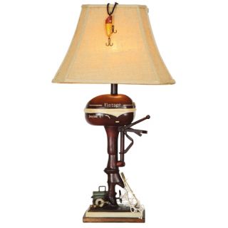 Table Lamp, 32in, Antique Red, Linen Shade, Tackle, Vintage Lamps