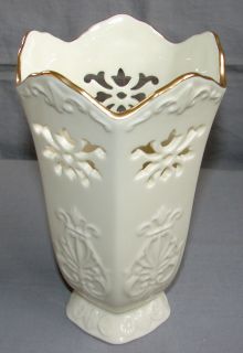 LENOX CHINA LANGTRY 7 PIERCED VASE ~ IVORY EMBOSSED PATTERN WITH GOLD