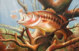 Lure Sport Fishing Lake Wild Bass Game Fish 24X36 Large Oil Painting
