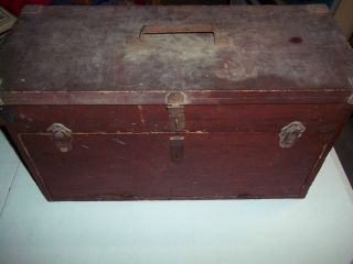 ANTIQUE WOODEN PRIMATIVE MACHINIST TOOLBOX WOODEN CHEST W SLIDING