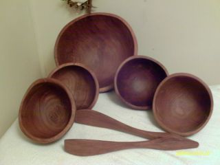 Vintage Teak Wood Salad Bowl Set Large Bowl 4 Serving Bowls Wood Tongs