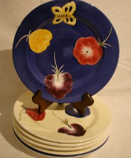 Laurie Gates The Cellar Set of 6 Dinner Plates Flowers and Butterfly