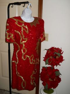 Lawrence Kazar M Red & Gold Sequin Beaded Silk Pageant Vintage Dress
