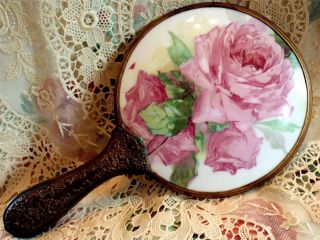 VICTORIAN GILT, PORCELAIN BACKED PORTRAIT BEAUTIFUL PINK ROSES HAND