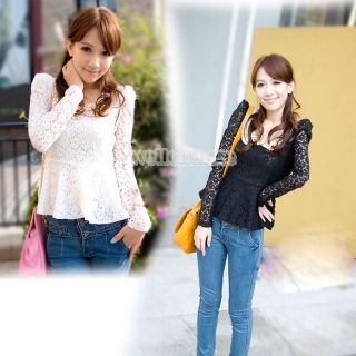 Fashion Slim Long Sleeve Lace Casual Blouse Top Black White