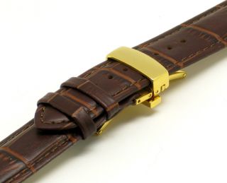 20mm Brown Genuine Leather Watch Band Gold Deployment Clasp