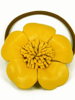 Leather Anemone Flower Ponytail Holder Hair Tie Bow ALB2 Yellow