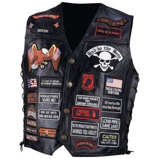 Leather Biker Motorcycle Vest w 42 Patches USA New