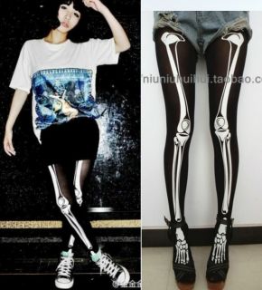 Bones Printed Skeleton Elastic Waistband Black Tights Leggings Legwear
