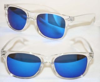 Wayfarer Sunglasses Clear Frame Blue Mirror Lense Shades 80s Retro