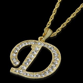 Letter D Gold Plated Clear Crystal Pendant Charm Necklace Chain
