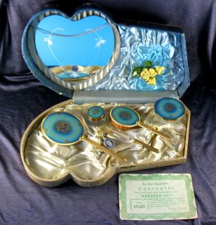 Vintage PERELINE TRAVEL VANITY DRESSER SET 22K GOLD Plated BLUE